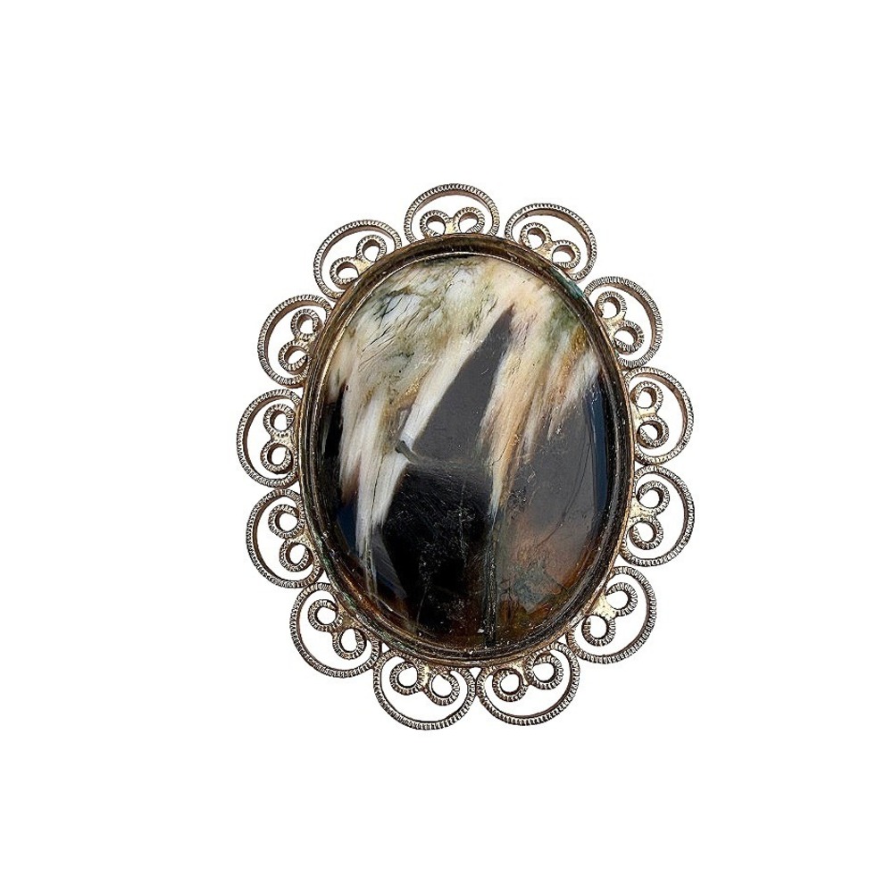 Oval Brooch Pendant Gold Tone Filigree Border Polished Stone Vintage Style